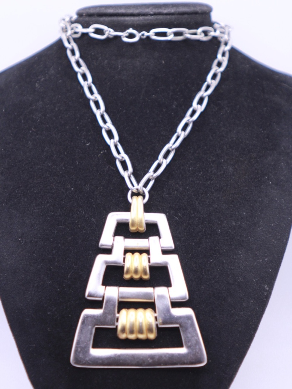 Crown Trifari Two-Tone Geometric Drop Necklace in Silver and Gold 23”